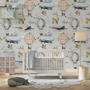airplane wallpaper, kids room wallpaper, hot air balloons wallpaper, nursery wallpaper