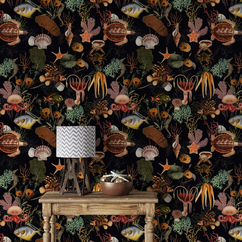May include: A black and white wallpaper with a repeating pattern of sea creatures, including fish, jellyfish, seahorses, and starfish.