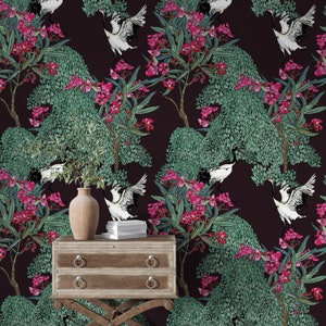 dark botanical wallpaper, dark academia wallpaper, heron wallpaper peel and stick, bird wallpaper, crane wallpaper, art deco wallpaper