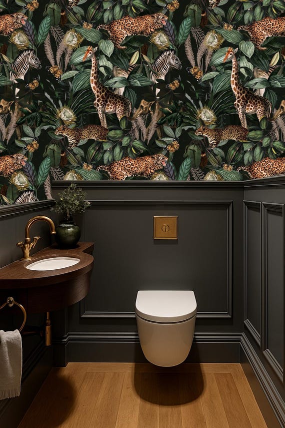 jungle wallpaper, dark botanic wallpaper cheetahs and monkeys, cheetah jungle wallpaper, art deco wallpaper, tropical wallpaper