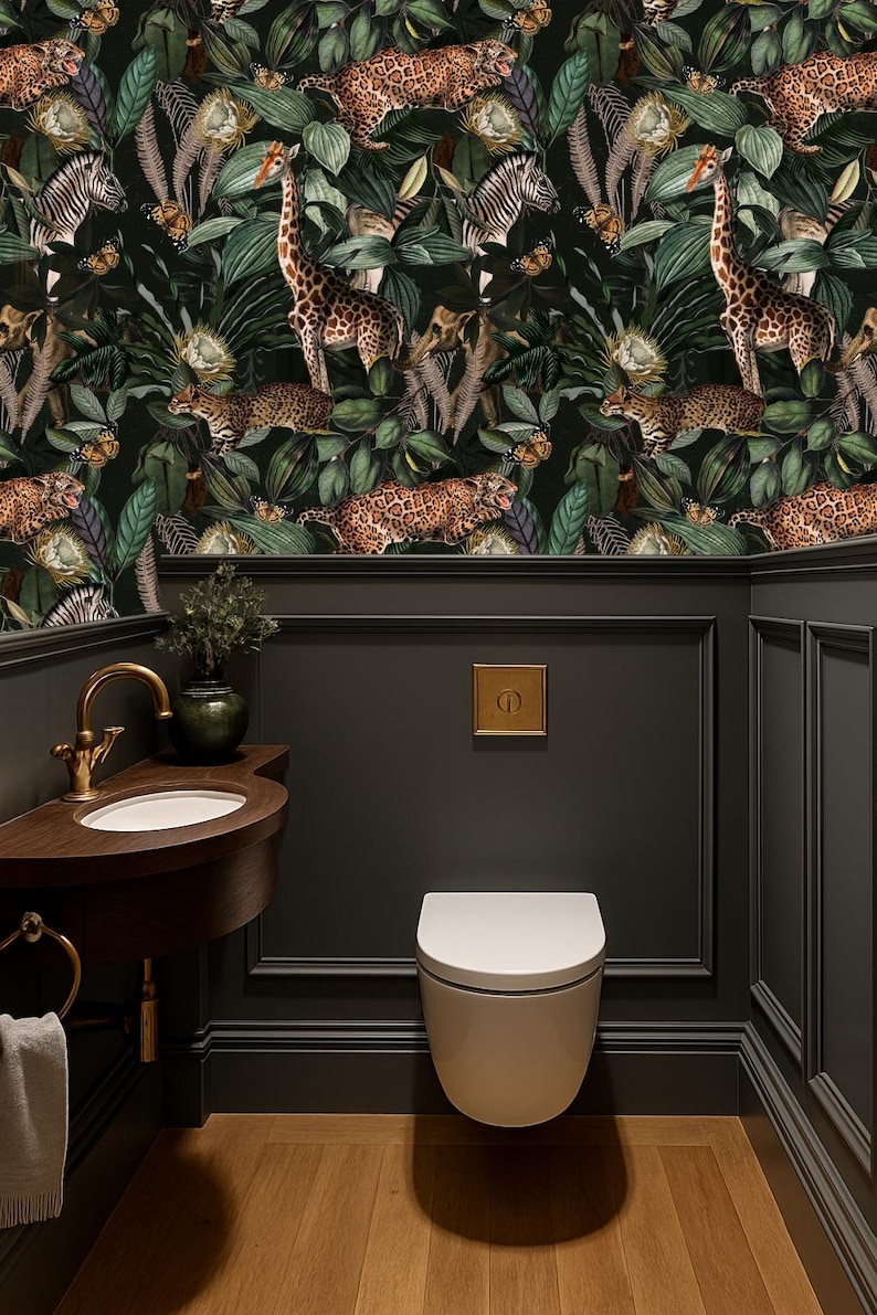 Dark botanical wallpaper with cheetahs and monkeys in lush jungle leaves, giraffe and zebra accents – tropical art deco wallpaper