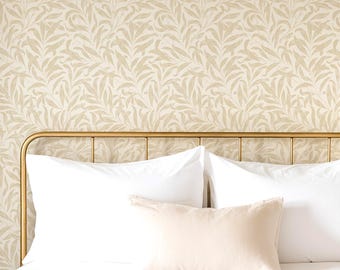 Classic William Morris leaf wallpaper featuring graceful willow branches on creamy neutral background