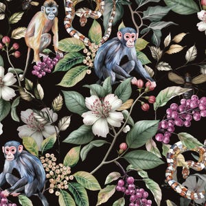 dark botanical wallpaper snake monkeys,jungle wallpaper, art deco wallpaper, tropical wallpaper
