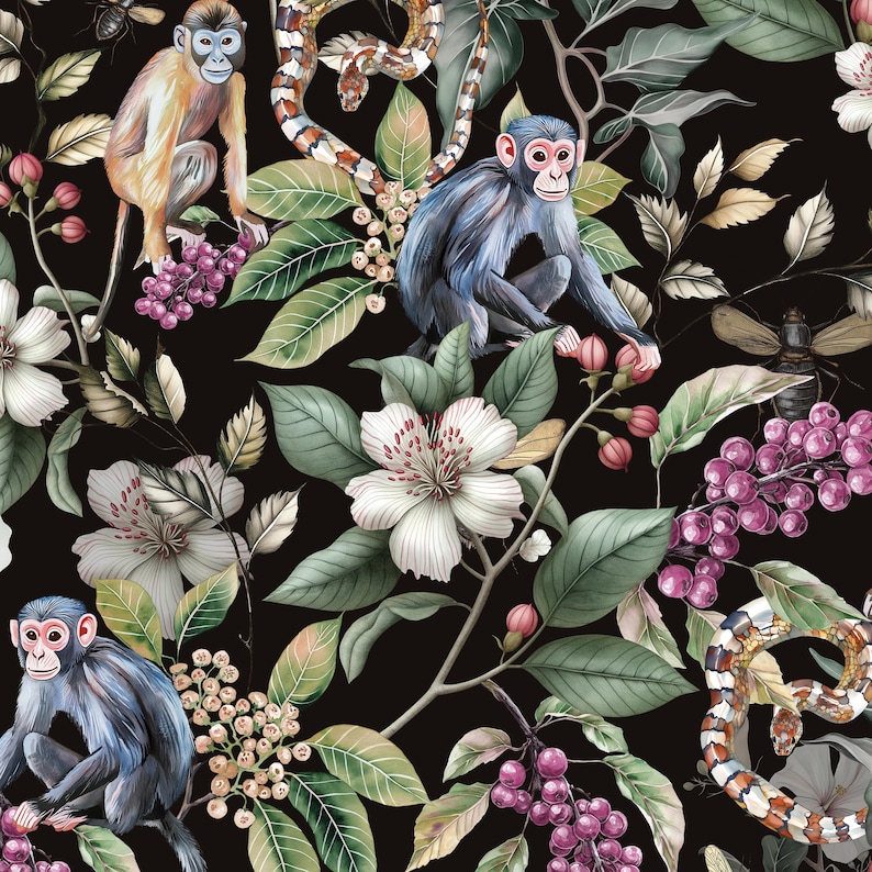 dark botanical wallpaper snake monkeys,jungle wallpaper, art deco wallpaper, tropical wallpaper