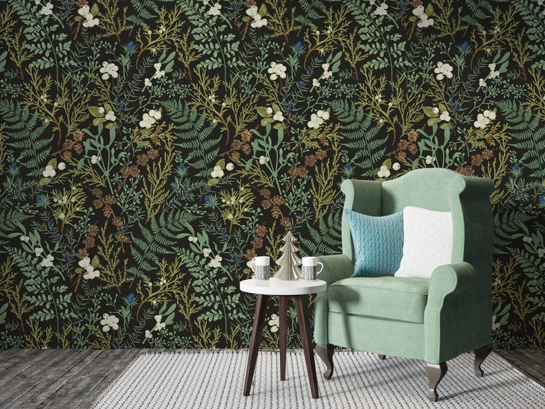 Fern Botanical Wallpaper, Dark Botanical Wallpaper, Peel and Stick Wallpaper, Botanical Wallpaper, Fern Wallpaper, Dark Floral wallpaper, image 4