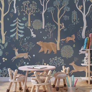 Carta da parati con animali del bosco / Murale della foresta staccabile e attaccabile / Arte murale rustica per la cameretta dei bambini / Dimensioni personalizzate / Decorazione murale rimovibile con animali selvatici