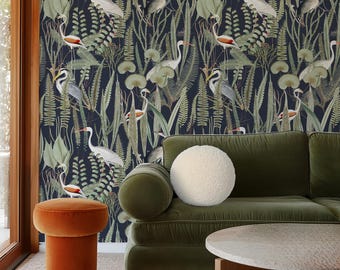 blau Reiher Tapete, Vogel Tapete, Vintage Tapete entfernbar, dunkle Tapete, abnehmbares Wandbild, dunkelgrüne Tapete