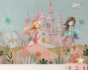 Mural de papel pintado de sirenas: decoración mágica para la habitación del bebé con temática oceánica, autoadhesivo.