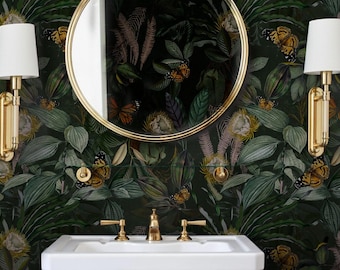 Dark botanical wallpaper peel and stick, jungle wall mural