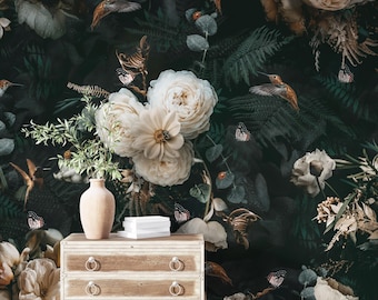 Dark botanical wallpaper with roses, Dark Floral Wall Mural, blossom flower