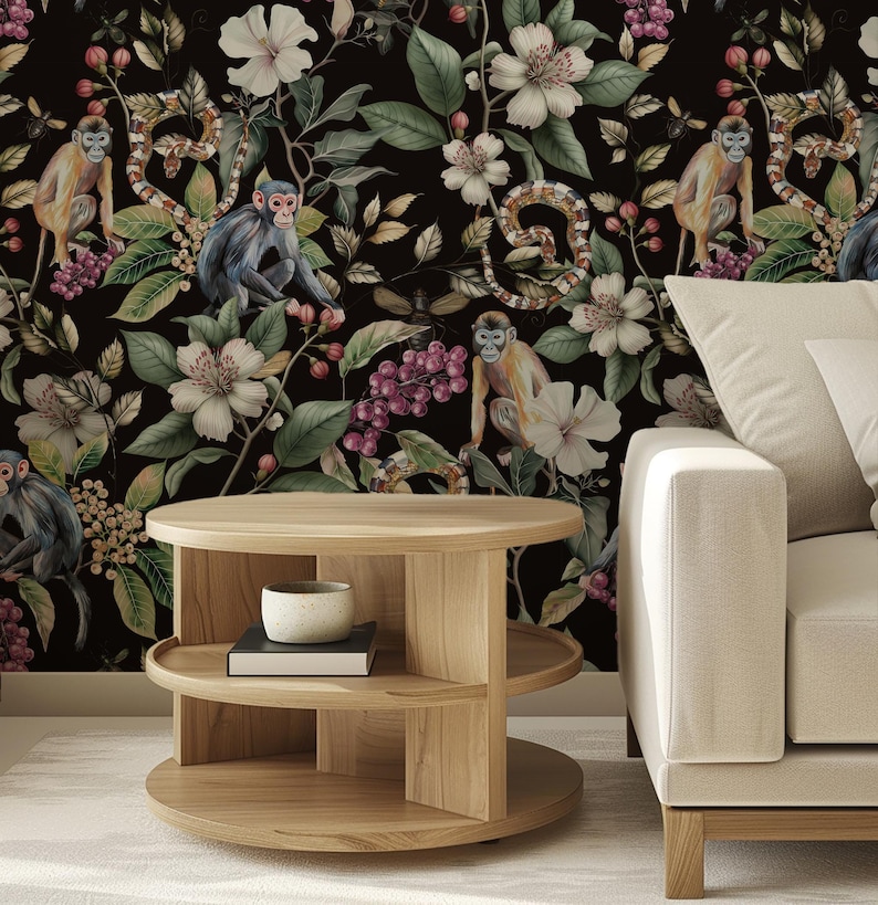 May include: The background features a black floral wallpaper with monkeys, flowers, and snakes.