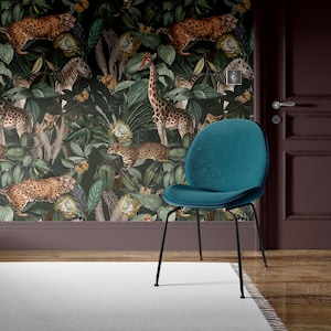 Exotic dark botanical wallpaper: cheetah jungle pattern including monkeys, giraffes, zebras, butterflies on deep green tropical leaves