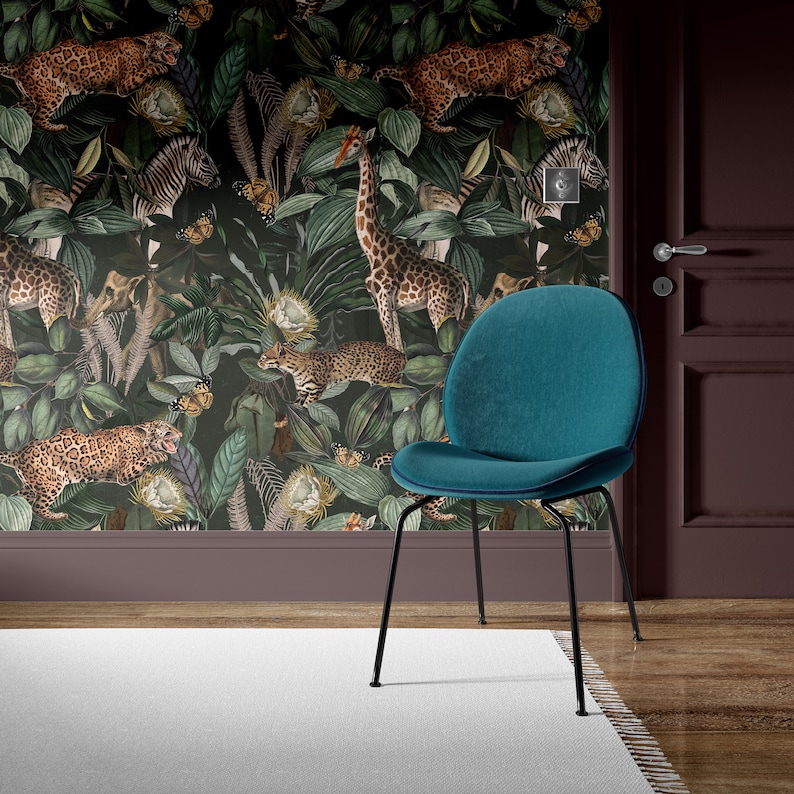Exotic dark botanical wallpaper: cheetah jungle pattern including monkeys, giraffes, zebras, butterflies on deep green tropical leaves