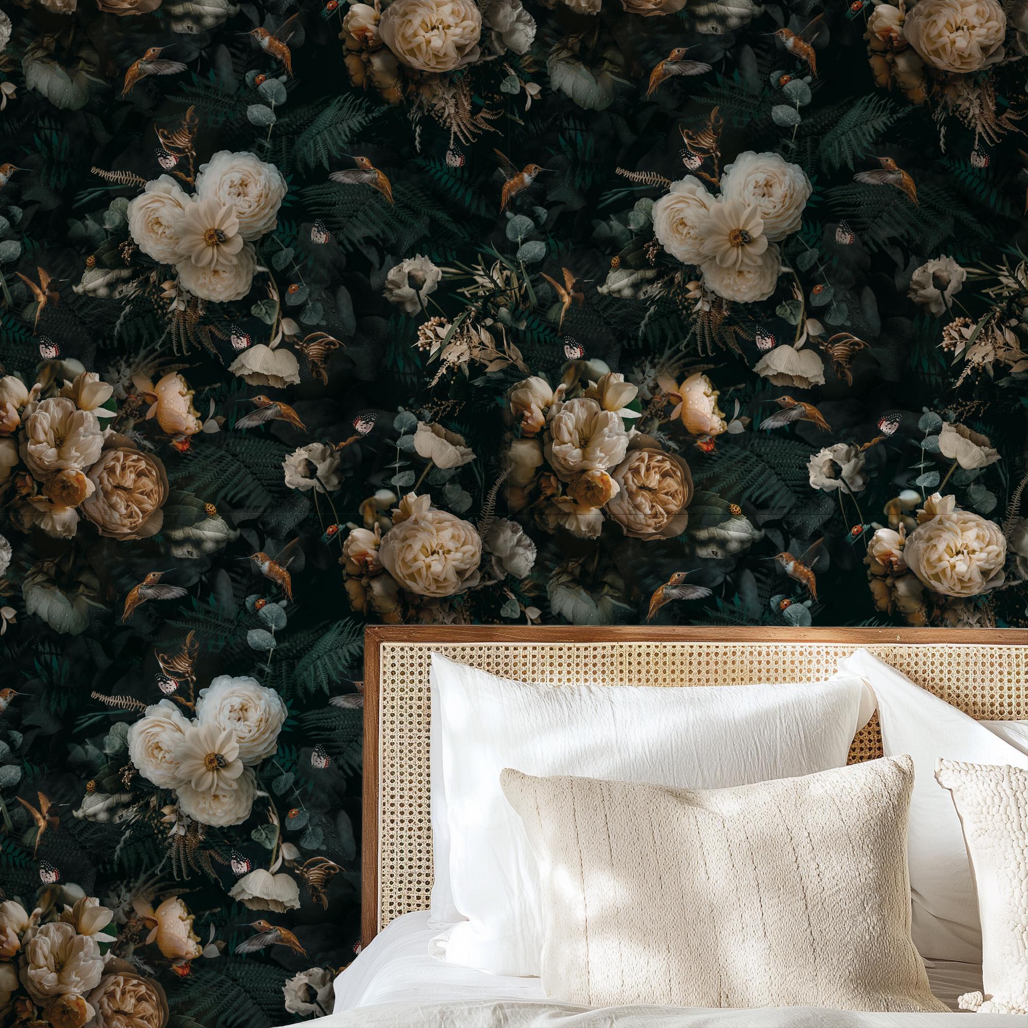 dark botanical wallpaper, moody wallpaper peel and stick, roses wallpaper with birds wallpaper,