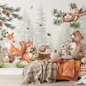 Carta da parati con animali del bosco / Murale della foresta staccabile e attaccabile / Arte murale rustica per la cameretta dei bambini / Dimensioni personalizzate / Decorazione murale rimovibile con animali selvatici