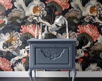 heron wallpaper, bird wallpaper, removable vintage wallpaper, dark wallpaper, removable wall mural,  dark green wallpaper