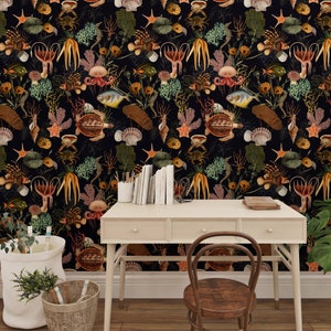 Under The Sea Wallpaper Peel and Stick – stunning dark sea life wallpaper with vintage octopuses, lionfish and corals. Perfect temporary wallpaper for moody interiors.