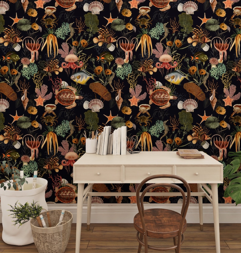Under The Sea Wallpaper Peel and Stick – stunning dark sea life wallpaper with vintage octopuses, lionfish and corals. Perfect temporary wallpaper for moody interiors.