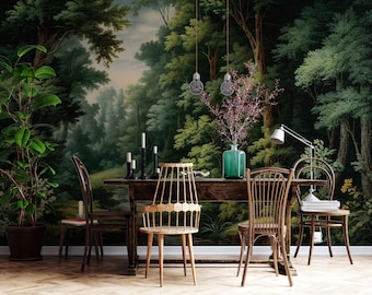 Dark Forest Wallpaper Mural - Moody Woodland Wallpaper, Vintage Landscape Wall Mural, Nature Wallpaper, Luxury Interior Decor