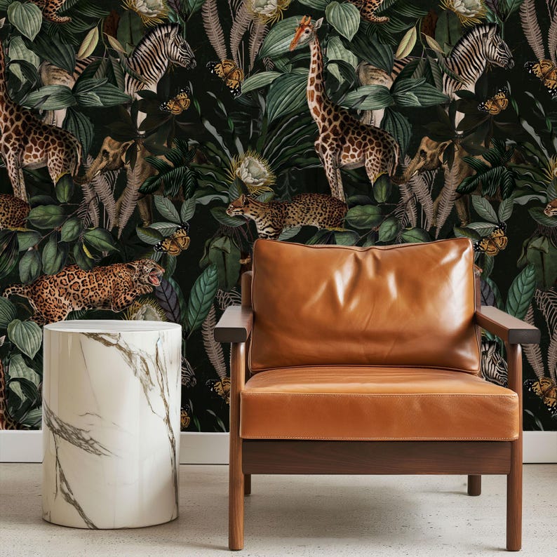 jungle wallpaper in moody dark tones: cheetahs, monkeys, giraffes, zebras and butterflies on dense botanical background