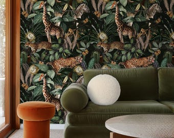 Dark Jungle Wallpaper Mural, Botanical Jungle Wallpaper, Peel & Stick or Vinyl Wallpaper