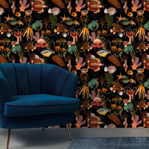 May include: A black background with a repeating pattern of sea life, including starfish, seashells, seahorses, and fish. The pattern is in shades of orange, red, yellow, blue, and green.