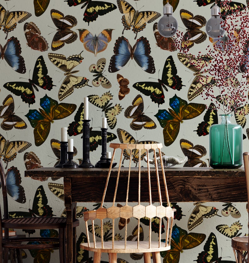 Beige Vintage Butterfly Wallpaper, Peel&stick and Traditional Wallpaper ...