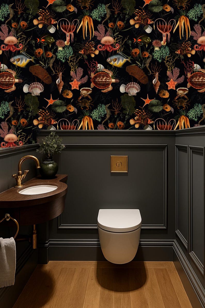 Dark Sea Life Wallpaper Peel and Stick –  vintage ocean underwater design with sea turtles, octopuses, lionfish, starfish & corals on dramatic black background. Premium removable temporary wallpaper.