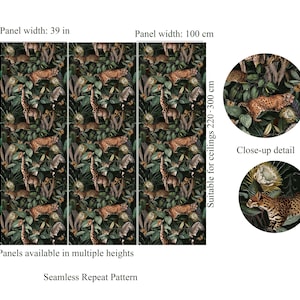 Dark botanical wallpaper with cheetahs and monkeys in lush jungle leaves, giraffe and zebra accents – tropical art deco wallpaper