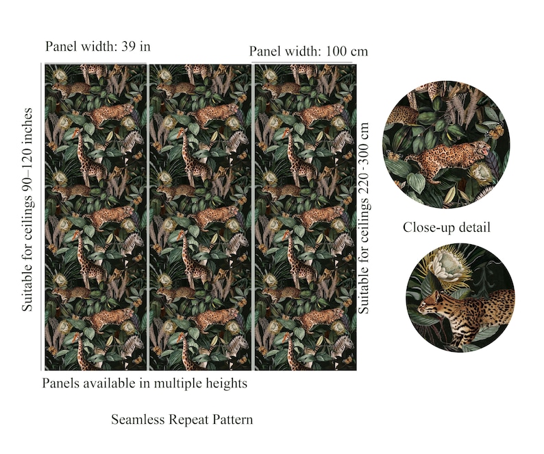 Dark botanical wallpaper with cheetahs and monkeys in lush jungle leaves, giraffe and zebra accents – tropical art deco wallpaper