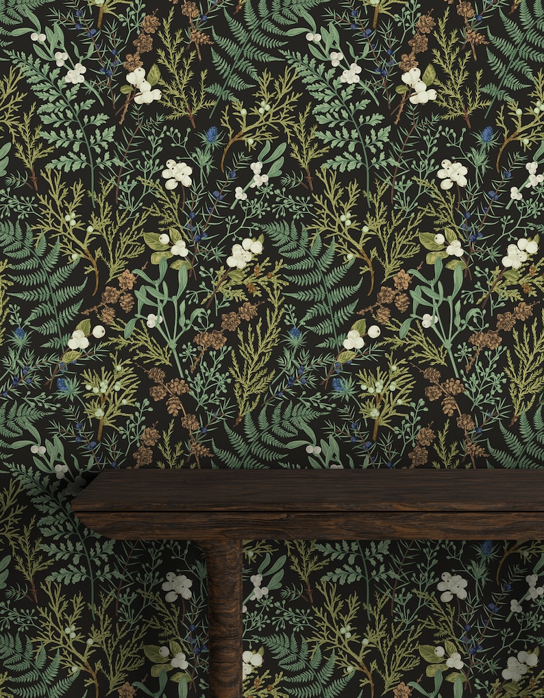 Fern Botanical Wallpaper, Dark Botanical Wallpaper, Peel and Stick Wallpaper, Botanical Wallpaper, Fern Wallpaper, Dark Floral wallpaper, image 6