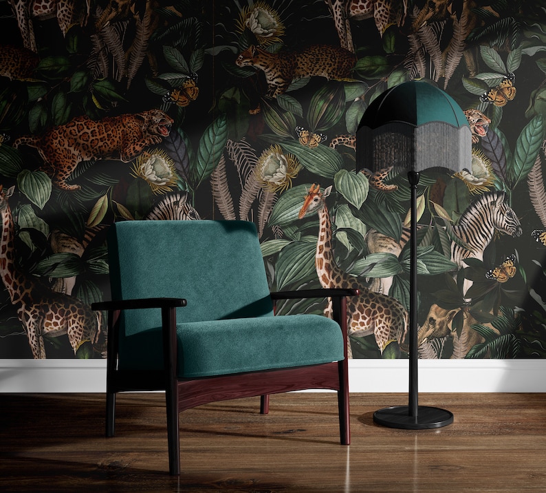 Dark botanical wallpaper, mooody wallpaper for living room. Mens office wallpaper.