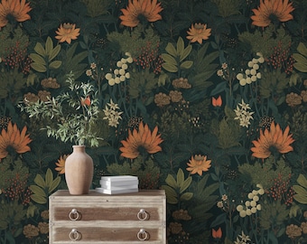 Dark Botanical Wallpaper: Vintage Style Peel and Stick Wall Mural
