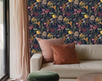 dark botanical wallpaper, removable vintage wallpaper, dark wallpaper, removable wall mural,  dark green wallpaper