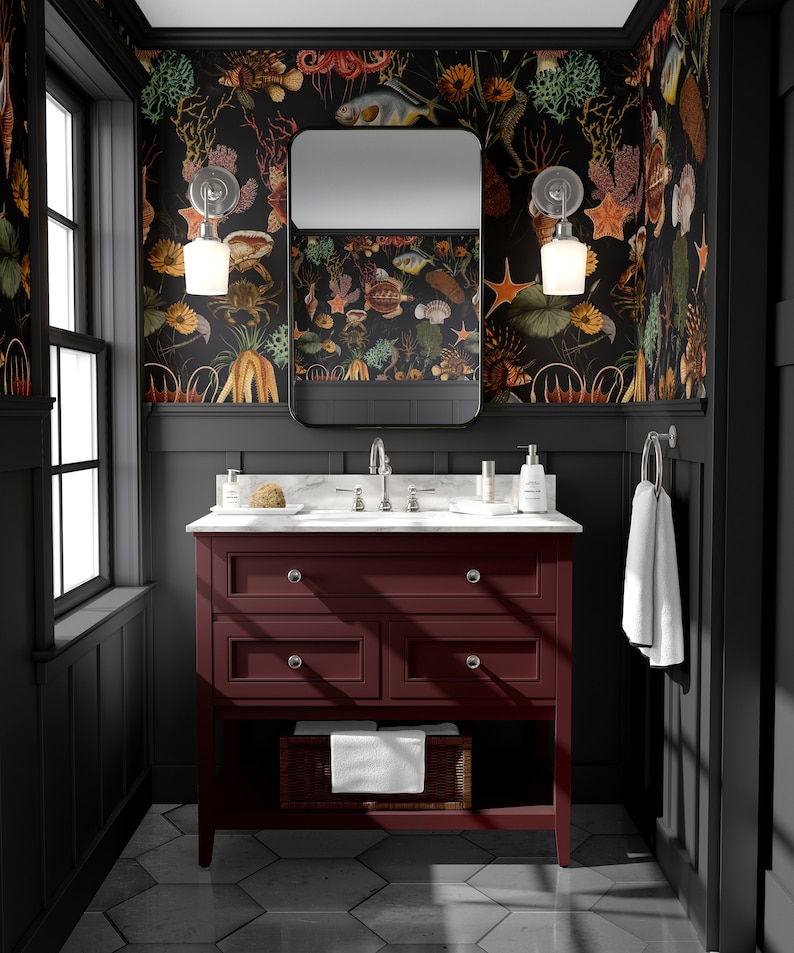 sea life wallpaper featuring colourful fish, coral, and seaweed. The wallpaper has a black background.