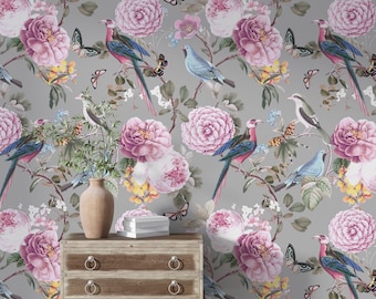 chinoiserie wallpaper, birds wallpaper, botanical wallpaper, bird and branch wallpaper, removable wallpaper peel and stick,