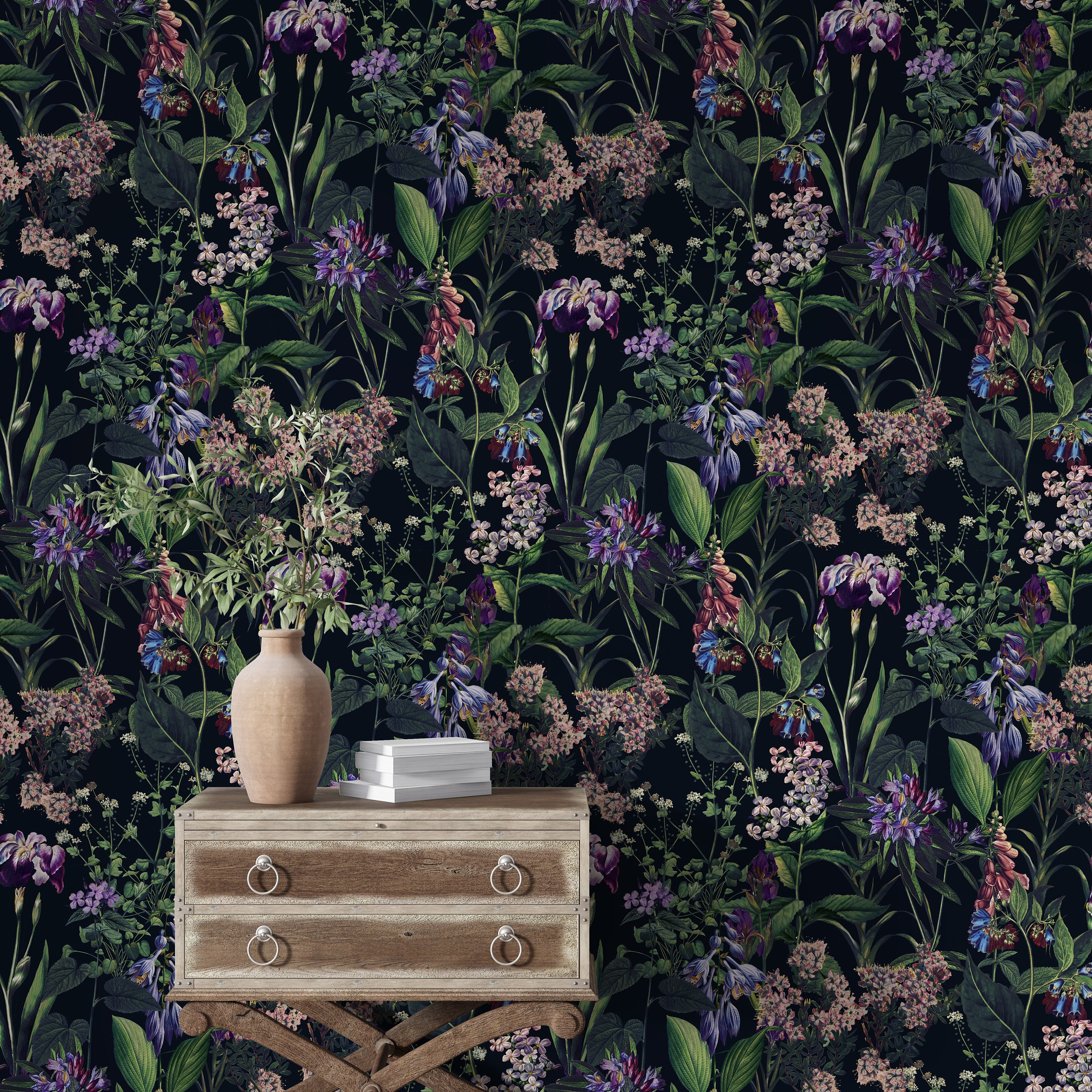 Dark Floral Peel and Stick Wallpaper: Vintage Botanical Wall Mural - Etsy