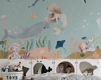 Papel pintado de sirenas: mural de pared autoadhesivo con temática del océano mágico.