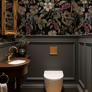 May include: A stylish powder room with dark grey walls and a black floral wallpaper featuring monkeys and flowers.