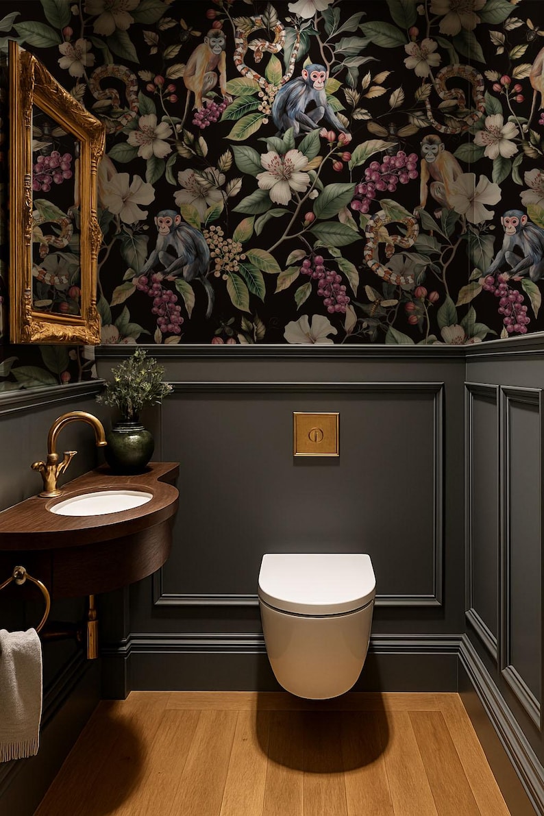 May include: A stylish powder room with dark grey walls and a black floral wallpaper featuring monkeys and flowers.