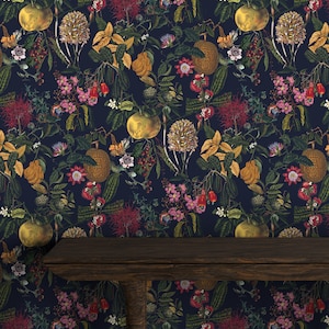 botanische Tapete, abnehmbare Vintage Tapete, dunkle Tapete, abnehmbares Wandbild, dunkelgrüne Tapete