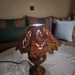 HANDMADE MOROCCAN THUYA Burl Wood Table Lamp, Carved Floral Wooden Bedside Light, Rustic Boho Lamp, Artisan Home Decor Gift, image 2