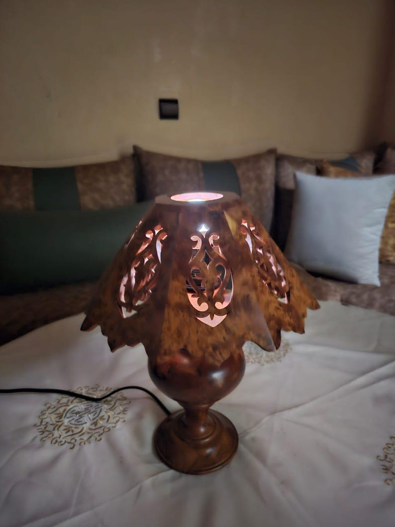 HANDMADE MOROCCAN THUYA Burl Wood Table Lamp, Carved Floral Wooden Bedside Light, Rustic Boho Lamp, Artisan Home Decor Gift, image 2