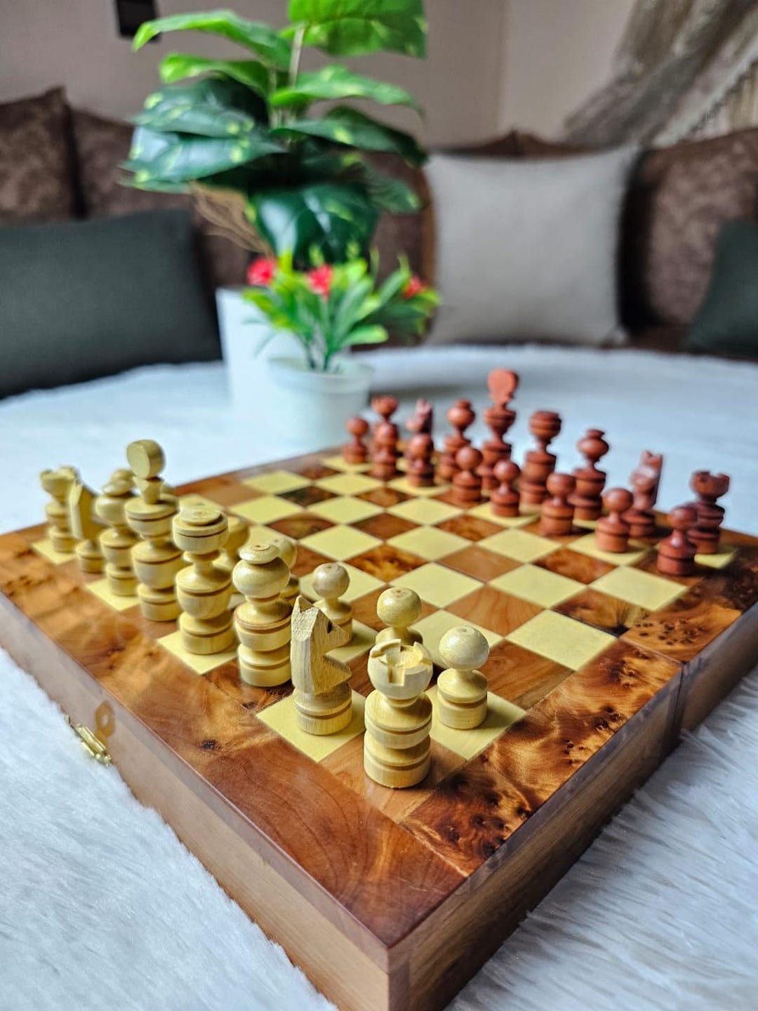 Luxury Wooden Chess Set With Storage Box, Handmade Burl Thuja Wood ...