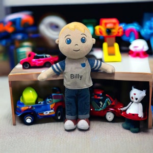 Personalized 14in Blonde Hair Baby Boy Soft Rag Plush Doll Toy With Blue Denim Jeans