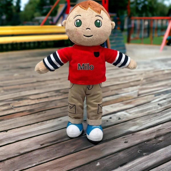 Personalized Tan 14in Baby Boy Soft Rag Plush Doll Toy With Khaki Jeans