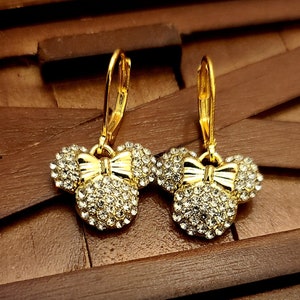 Golden Bow Mini Stud Alloy Inlaid Rhinestone Diamond Mouse Ears Earrings For Women