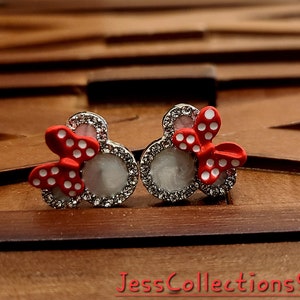 Fashion Mouse Ears Red Bow Mini Stud Rhinestone Diamond Earrings