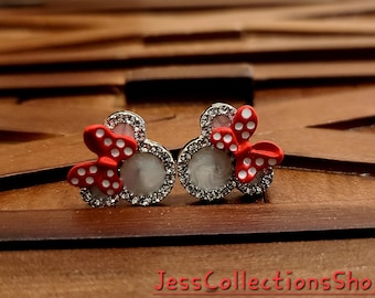 Fashion Mouse Ears Red Bow Mini Stud Rhinestone Diamond Earrings