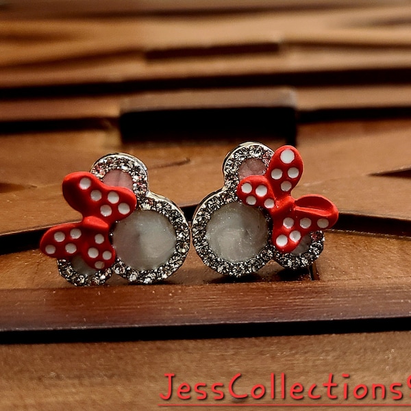 Fashion Mouse Ears Red Bow Mini Stud Rhinestone Diamond Earrings